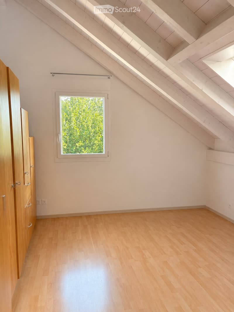 Empty attic room with wooden flooring, white walls, and a skylight window showing greenery outside.