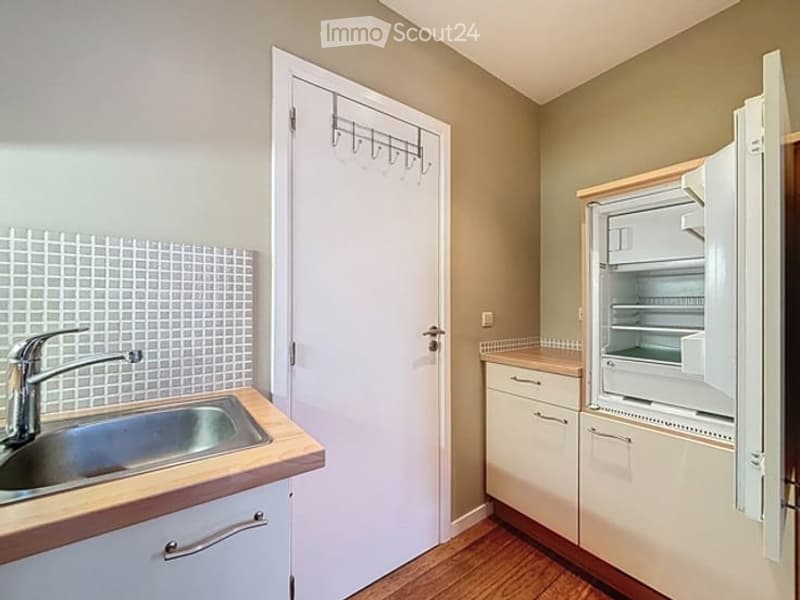 Modern kitchen with light-colored cabinets, a stainless steel sink, and an open refrigerator. The space features wooden flooring and a coat rack near the door.