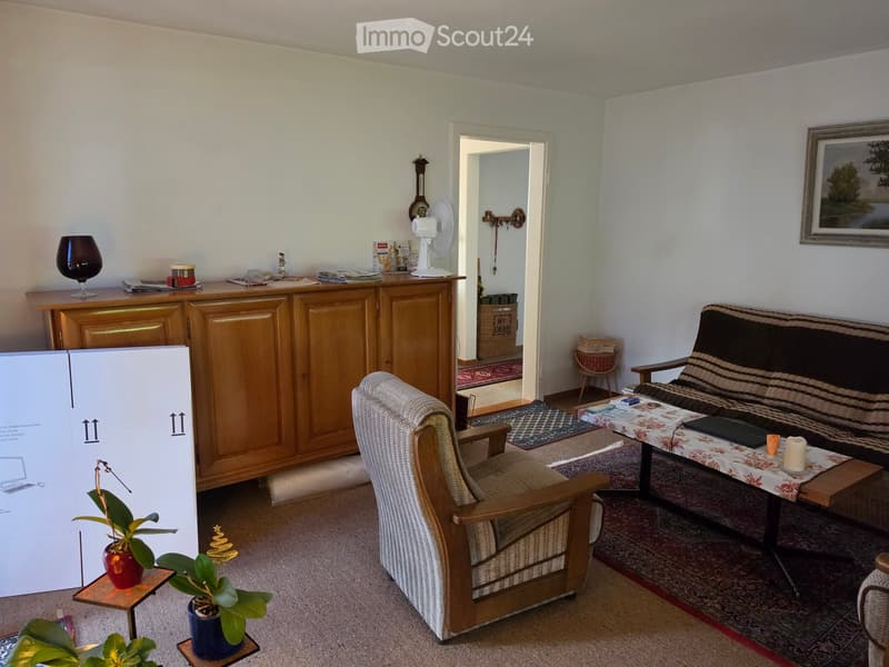 A cozy living room with a sofa, armchair, coffee table, cabinet, fan, laptop, cup, candle, plant, and picture frame.
