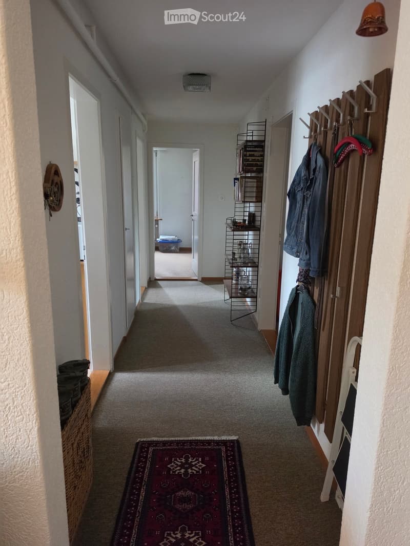 A long, carpeted hallway with white walls, wooden doors, and a coat rack with jackets. A patterned rug is placed on the floor, and a small shelf with items is visible in the background.
