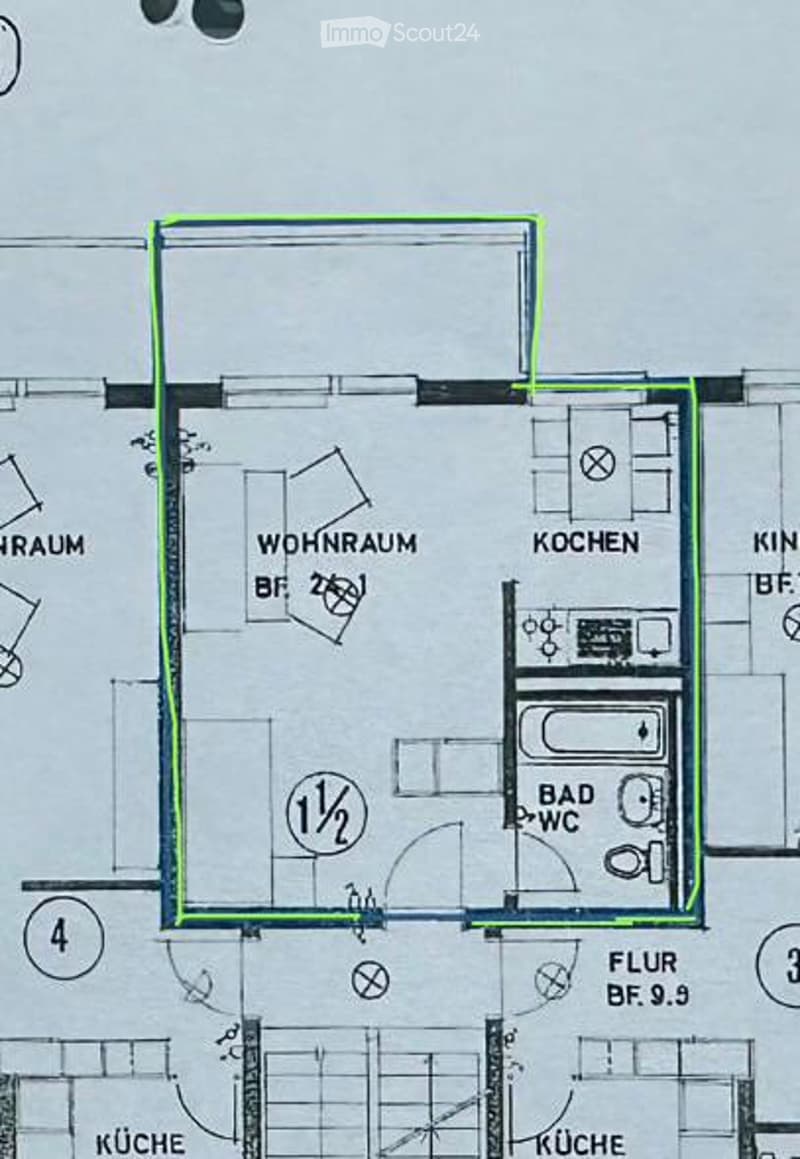 Floor plan of a residential unit showing a living room, kitchen, bathroom, and hallway.
