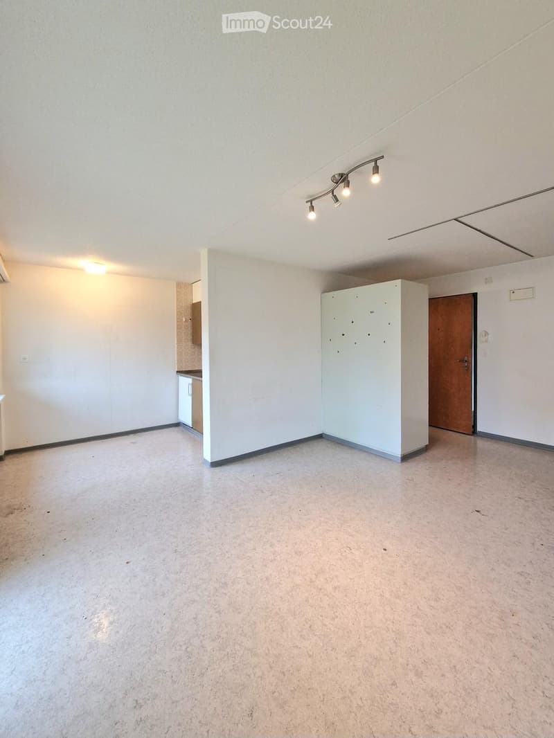 Empty room with white walls, concrete floor, and minimal lighting. Features a small cabinet and a wooden door.