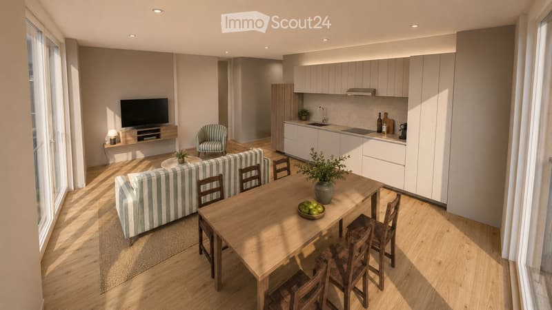 Open-plan living and dining area with a sofa, armchair, dining table, chairs, and a television. The kitchen features white cabinets, a sink, and a countertop with a plant and a bottle. The space is well-lit with large windows and wooden flooring.