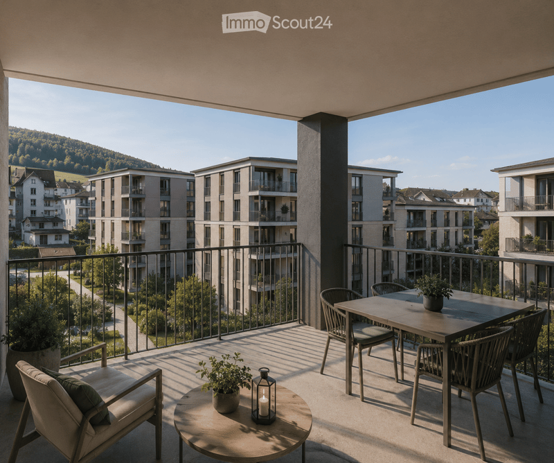 Balcony with a view of modern apartment buildings and greenery, featuring a round coffee table, a lantern, and several chairs.