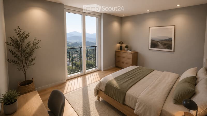 Modern bedroom with a large bed, nightstand, lamp, picture frame, potted plants, and a balcony offering a scenic mountain view.