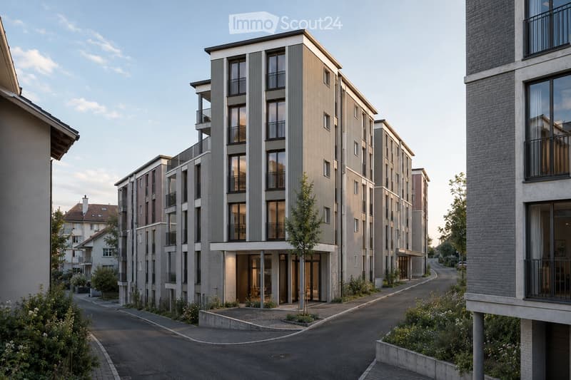 Modern multi-story residential building with balconies, large windows, and contemporary design. The building is part of a complex with similar structures lining a quiet street.
