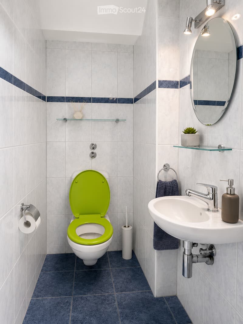Modern bathroom with white tiles, blue accents, a green toilet seat, a white sink with a chrome faucet, a large mirror, and a glass shelf holding a small plant and decorative items.