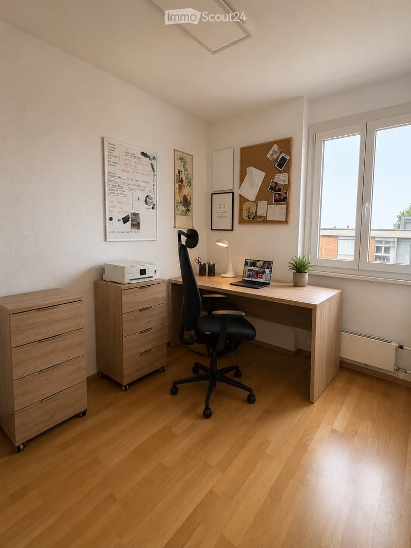 A modern, well-lit home office with a wooden desk, ergonomic chair, laptop, lamp, small plant, and a wooden cabinet with drawers. The room features light-colored walls, wooden flooring, and large windows with a view of the outside.