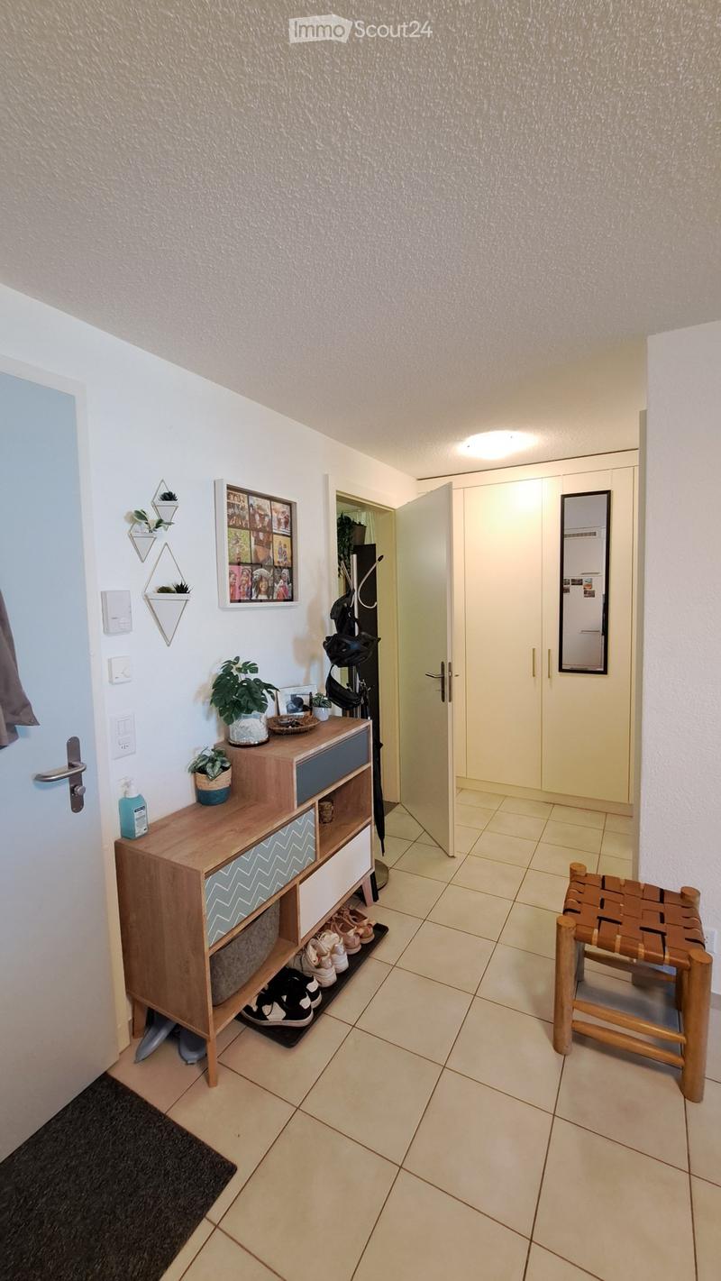 A well-lit hallway with tiled flooring, a wooden shoe rack, a small wooden bench, and a few potted plants. The hallway features a white cabinet and a framed photo on the wall.