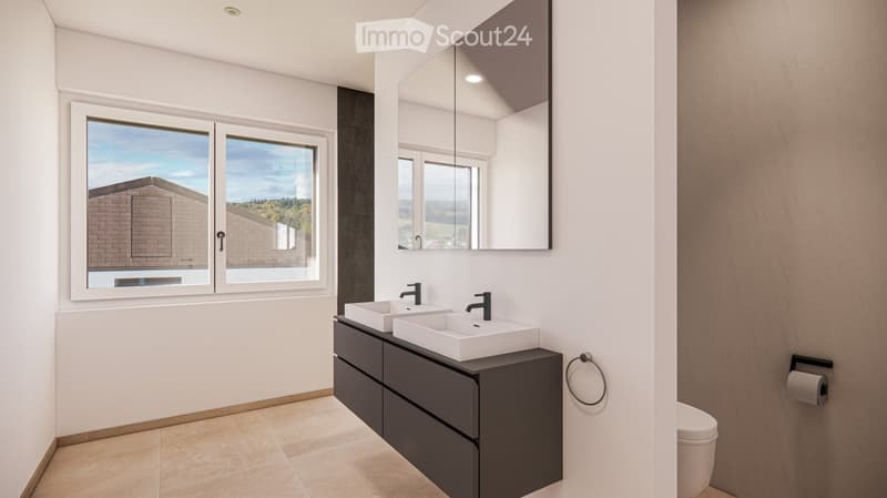 modern bathroom, two sinks, large mirror, toilet, window, light fixtures