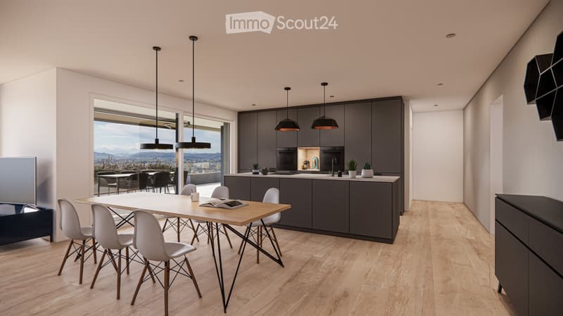 Dining area with table, chairs, open kitchen, black cabinets, open balcony, wooden floor, city view, modern lighting