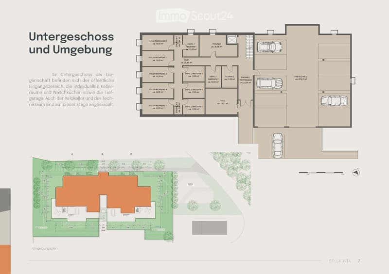 individual entry areas, basement, 4 apartments, storage rooms, car garages, bicycles storage