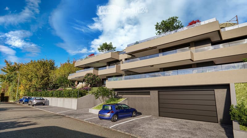 multi story apartment building, beige walls, multiple balconies, garage, parking lot