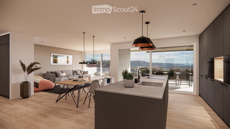 Open floor plan, large kitchen island, dining area with glass doors leading to a balcony with an expansive view of the mountains, modern light fixtures, wooden flooring.