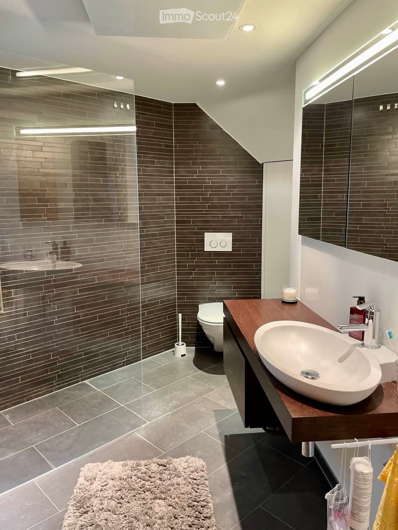 Modern bathroom with dark brown tiled walls, a white sink with a wooden vanity, a toilet, a shower area with a glass door, and a large mirror above the sink.