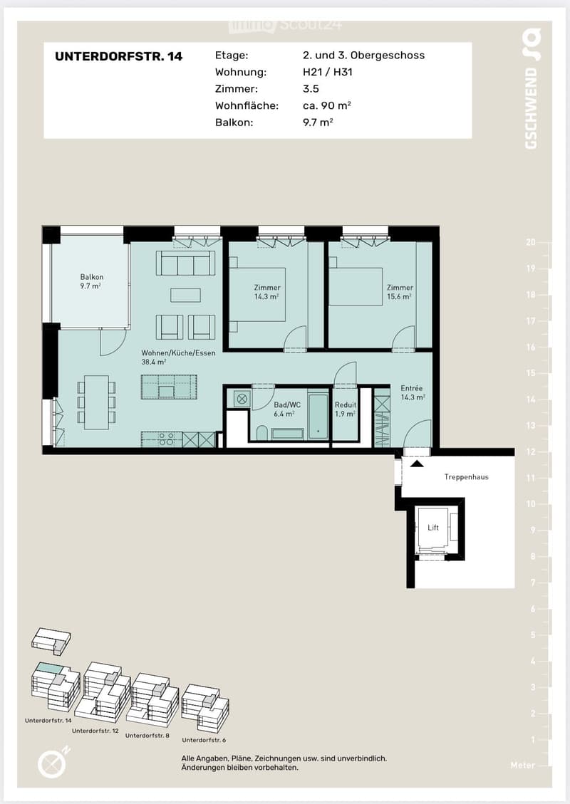 Floor plan of a 3.5-room apartment with a balcony, living/dining/kitchen area, two bedrooms, a bathroom, and an entrance.
