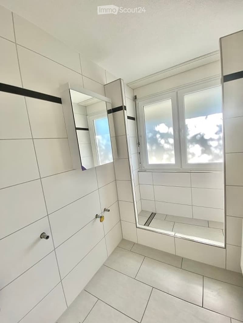 Modern bathroom with white tiled walls and floor, a large mirror, and a built-in cabinet. The window offers a view of the sky.