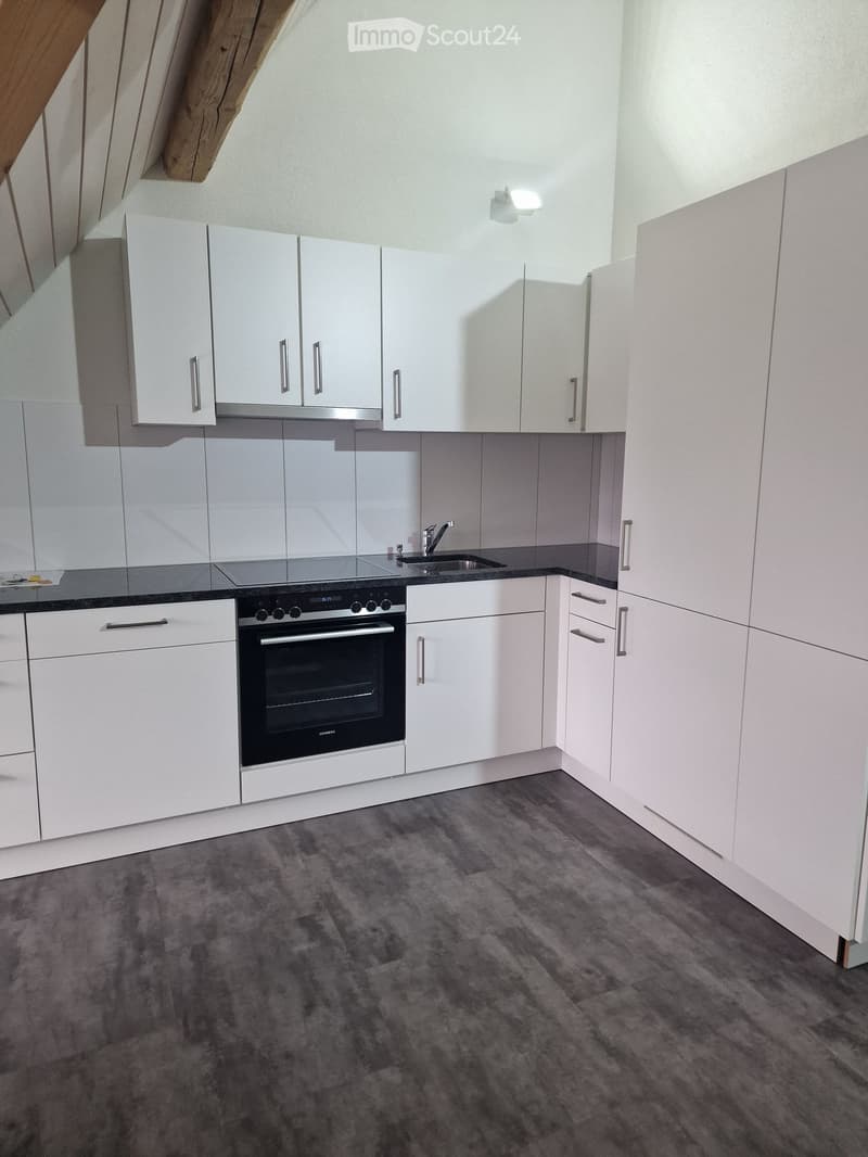 Modern kitchen with white cabinets, stainless steel appliances, and dark countertops.