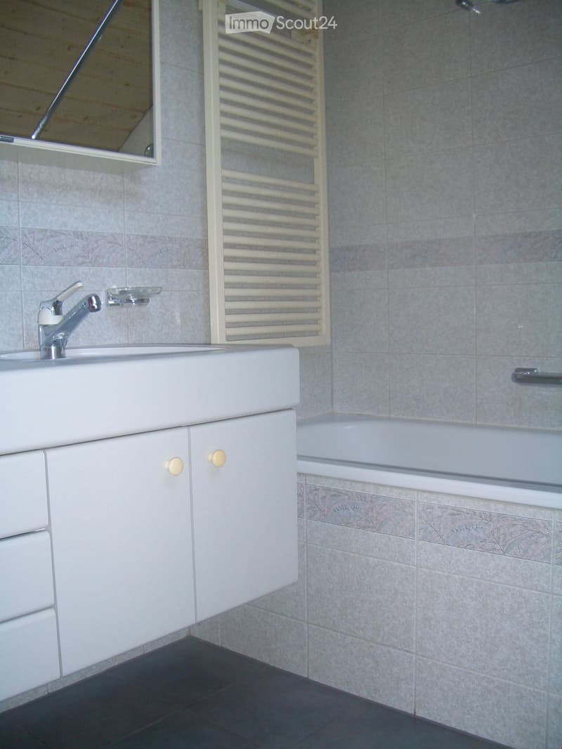 Bathroom with a white sink, faucet, cabinet, bathtub, mirror, and radiator.