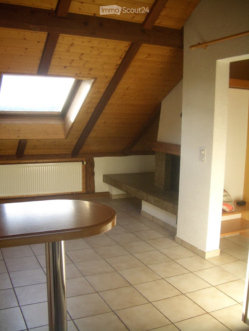 Loft-style room with wooden slanted ceiling, skylight window, tiled floor, round wooden table, radiator, and built-in bench seating.