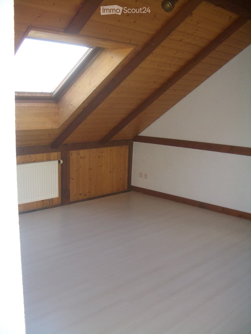 Empty attic space with wooden beams, slanted wooden ceiling, skylight window, white walls, and a radiator on the left side.
