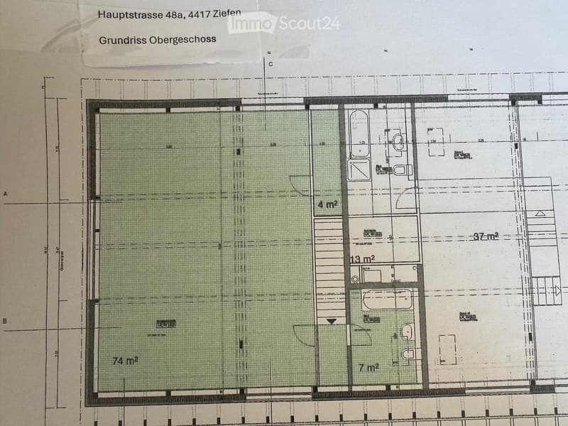 Floor plan of the upper floor showing a large living area (74 m²), a smaller room (37 m²), and several smaller spaces including a 13 m² area, a 7 m² area, and a 4 m² area.