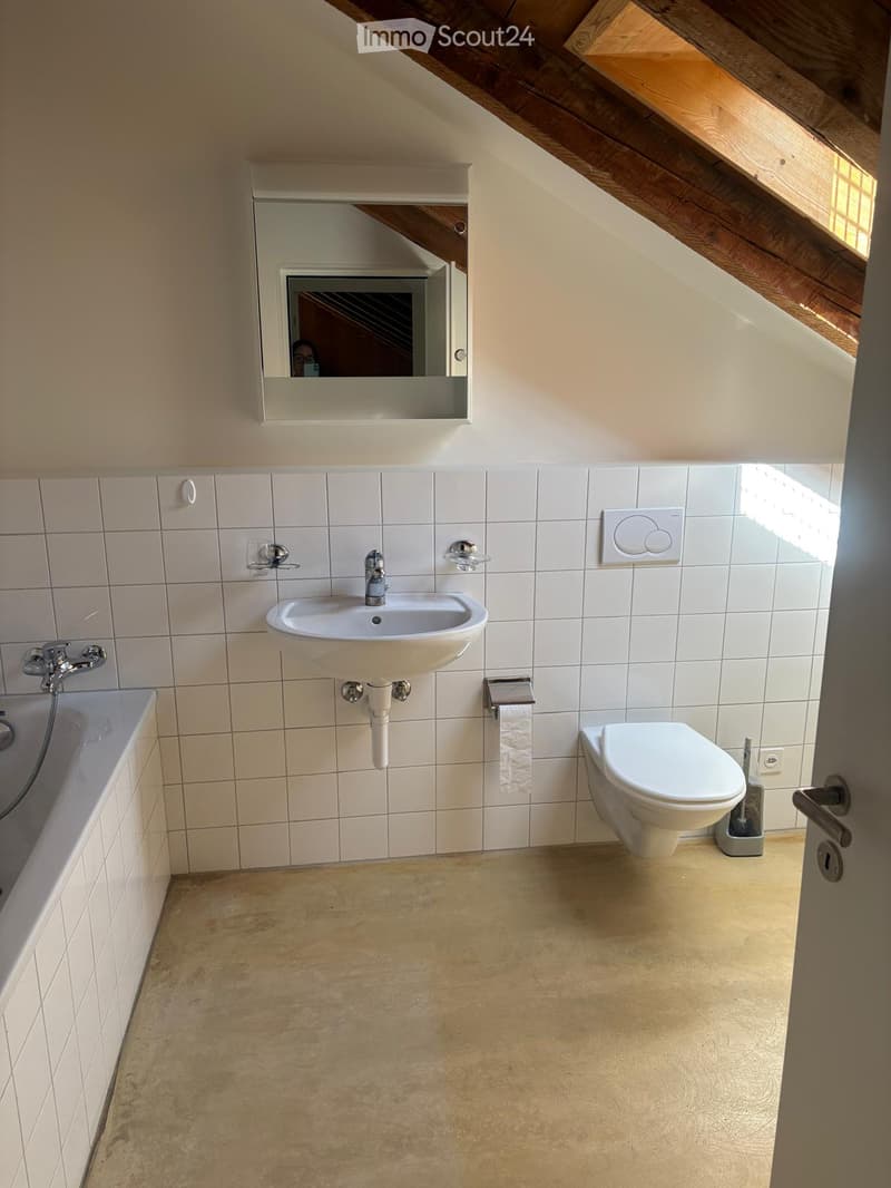 Bathroom with white tiled walls, a sink, a toilet, a bathtub, and a mirror above the sink. The floor is a light beige concrete finish.