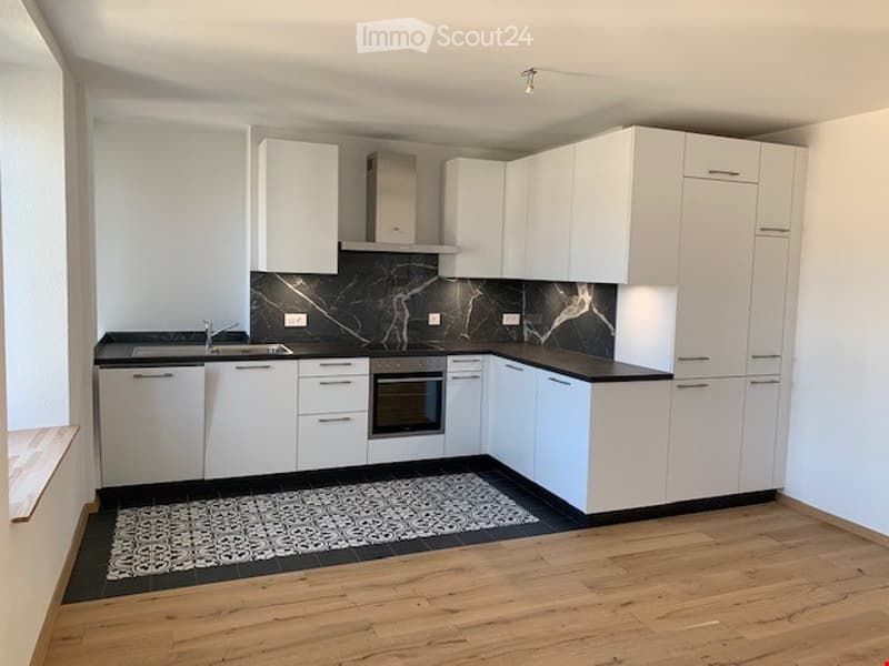Modern kitchen with white cabinets, black marble backsplash, and wooden flooring. Features a sink, oven, and a decorative rug.