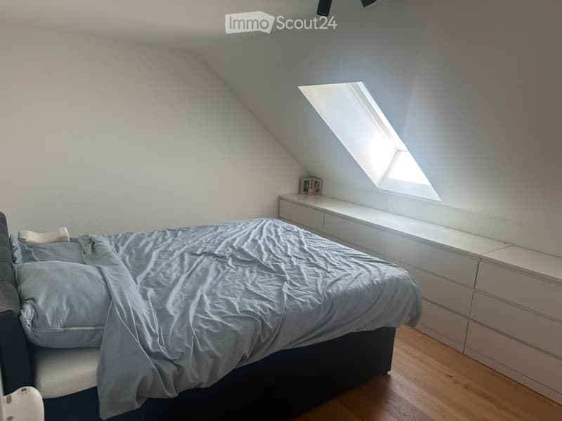 Modern bedroom with a large bed, nightstand, and a skylight window providing natural light. The room features wooden flooring and white walls.