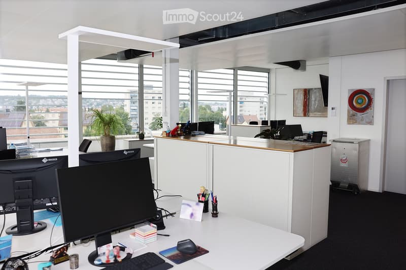 Modern office space with white desks, multiple computer monitors, chairs, and decorative plants. Large windows provide natural light, and artwork adorns the walls.