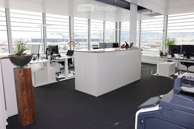 Modern office space with desks, chairs, computer monitors, a printer, and a plant on a wooden stand. Large windows provide a view of the outside.