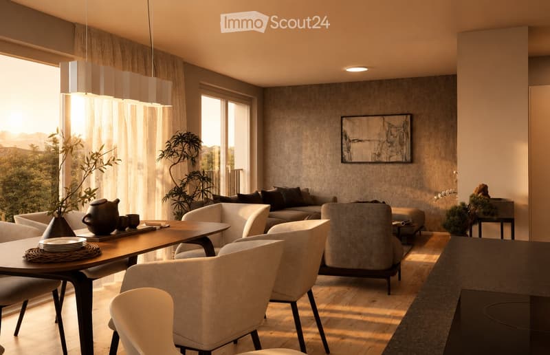 Modern living and dining area with a sofa, coffee table, dining table, chairs, teapot, cups, and plants. Large windows with curtains and a view of greenery.