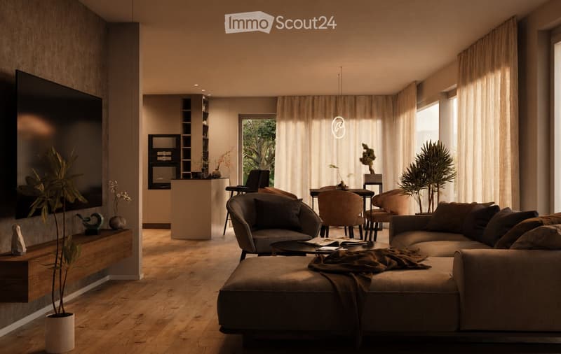 Modern living room with a large sectional sofa, coffee table, armchairs, and a TV screen. The space features wooden flooring, large windows with curtains, and decorative plants.