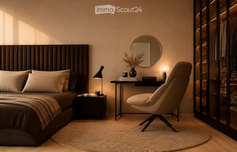 Modern bedroom with a large bed, nightstand, armchair, round mirror, and a sleek wardrobe with built-in lighting. The room features warm lighting and a cozy, minimalist design.