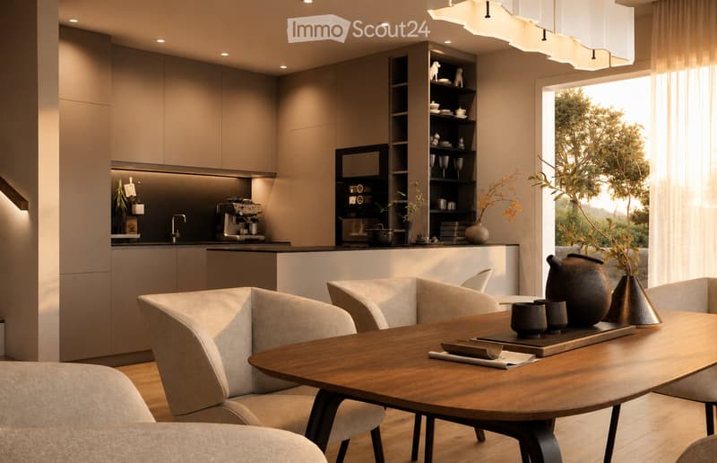 Modern kitchen and dining area with sleek cabinets, a wooden dining table, and contemporary chairs. The kitchen features a coffee machine, a faucet, and decorative vases on the shelves.