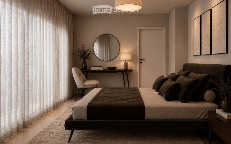 Modern bedroom with a large bed, nightstand, chair, table, mirror, lamp, and plants.