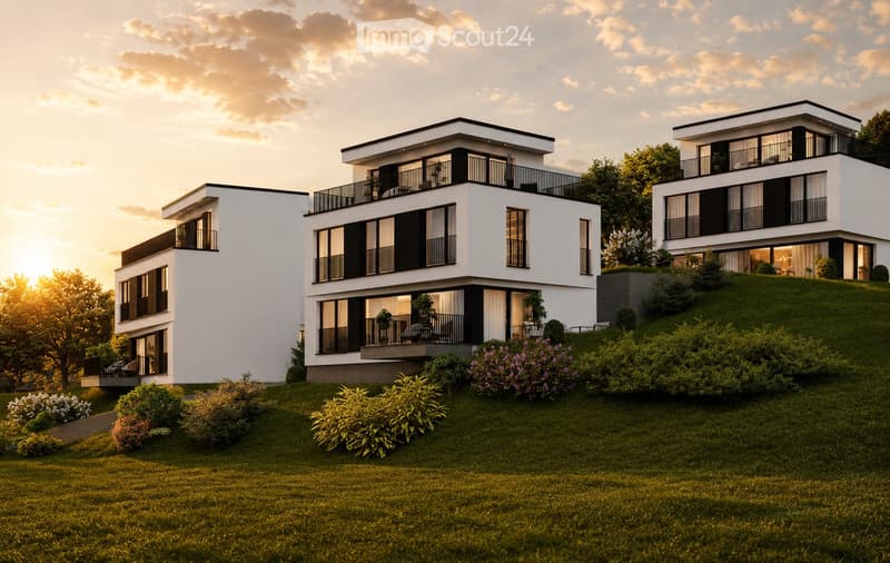 Modern three-story house with white exterior, black accents, large windows, balconies, and landscaped garden.