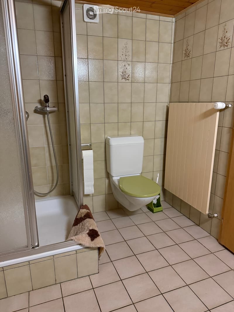 Bathroom with tiled walls and floor, featuring a toilet with a green seat, a shower area with a glass door, a towel on the edge of the bathtub, and a radiator on the wall.