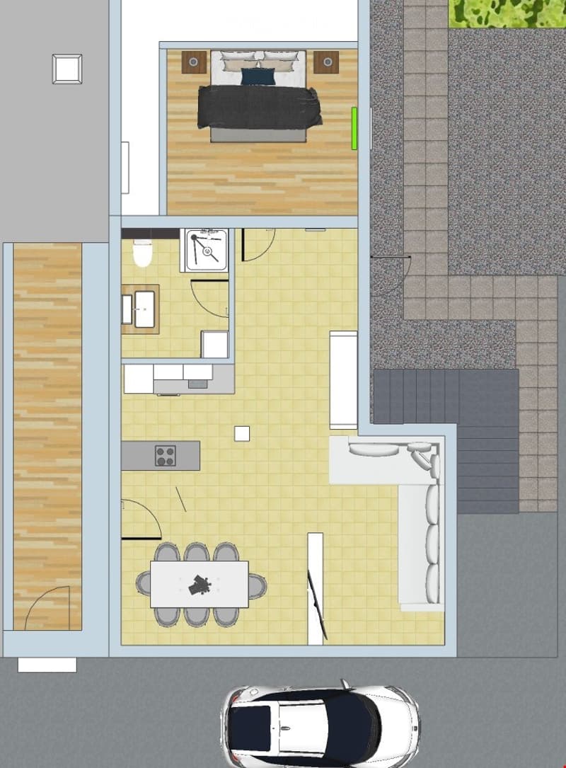 Floor plan of a 2-bedroom apartment with a living-dining area, kitchen, bathroom, and parking space.