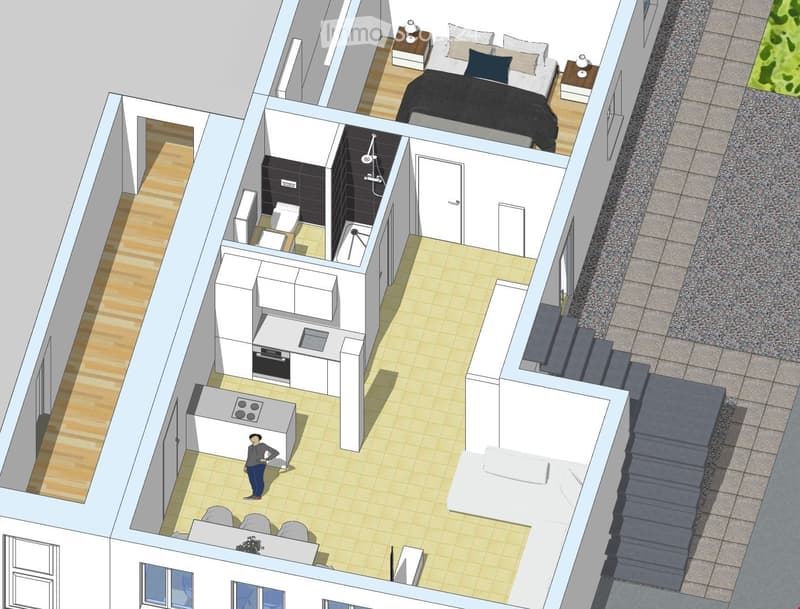 Top-down floor plan of a modern apartment with multiple rooms including a bedroom, bathroom, kitchen, living area, and balcony. Features include built-in cabinets, a staircase, and outdoor space.
