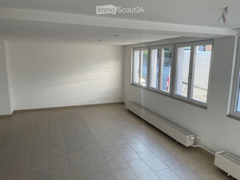 Empty room with tiled floor, white walls, large windows, and radiators along the wall.