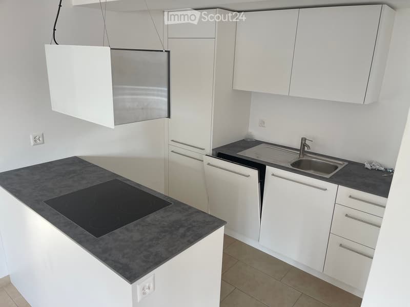 Modern kitchen with white cabinets, black countertop, induction stove, and stainless steel sink.