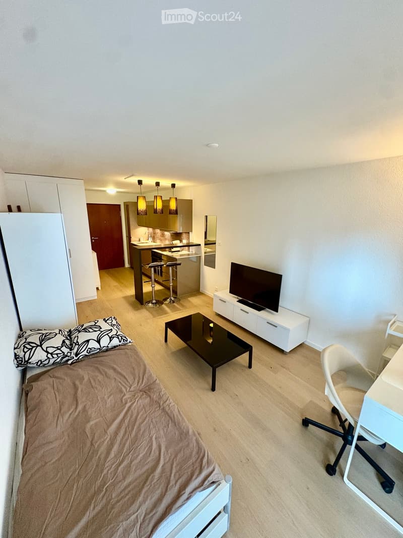 A modern, compact studio apartment with a bed, a small kitchen area, a TV, and a desk area. The space features light wood flooring, white walls, and contemporary furniture.