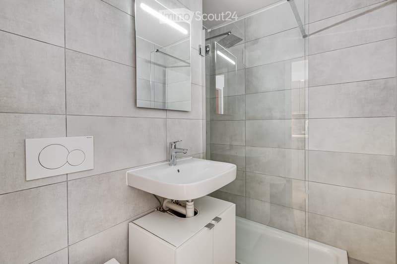 Modern bathroom with a white sink, chrome faucet, large mirror, and a glass-enclosed shower area with a modern showerhead.