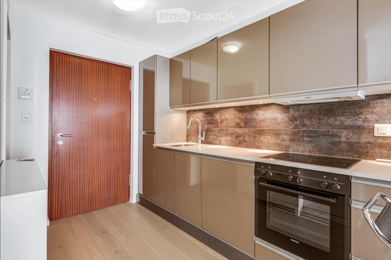 Modern kitchen with wooden cabinets, stainless steel appliances, and a sleek countertop.