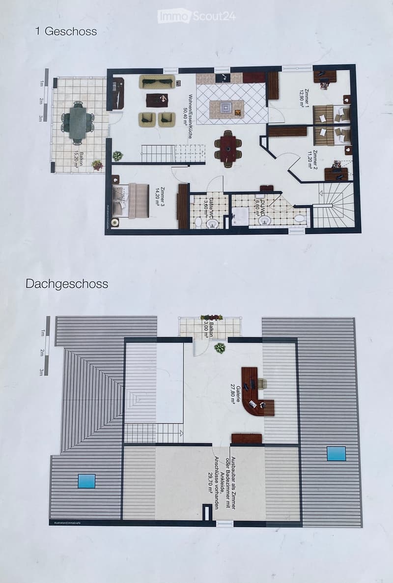 Floor plan of a two-story house with living room, kitchen, three bedrooms, two bathrooms, and a balcony on the first floor. The attic includes a gallery, storage space, and a potential bedroom or office area.