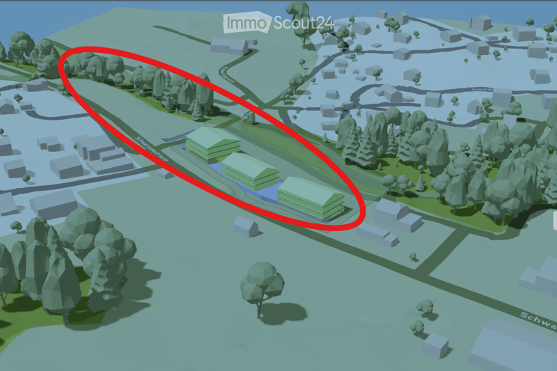 3D model of a building complex with multiple structures, surrounded by trees and a road.