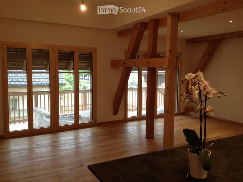 Bright, airy room with wooden beams, large glass doors leading to a balcony, wooden flooring, and a small table with a flower pot.