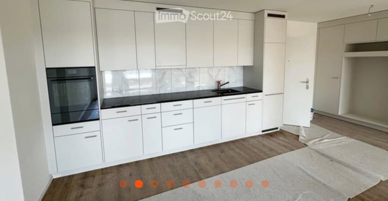 Modern kitchen with white cabinets, black countertops, and a built-in oven. The floor is wooden, and there is a small rug in the foreground.