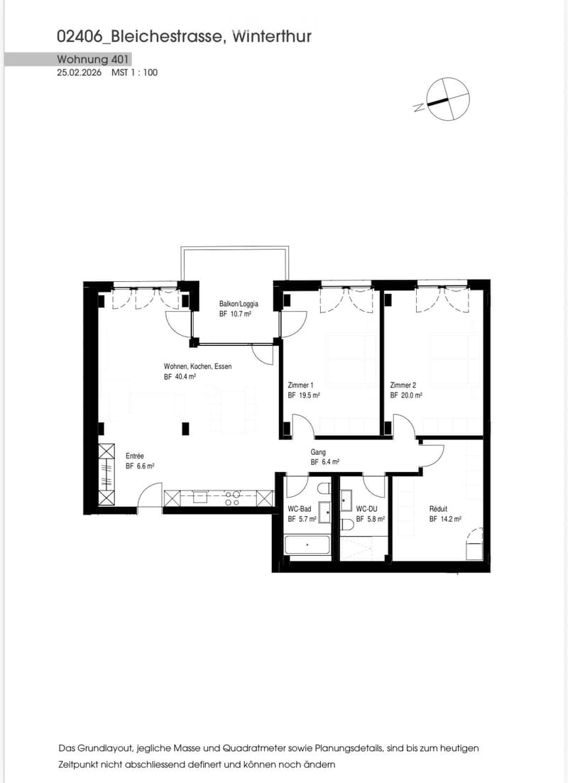 Floor plan of apartment 401 showing living, kitchen, dining area, two bedrooms, hallway, bathroom, and balcony.